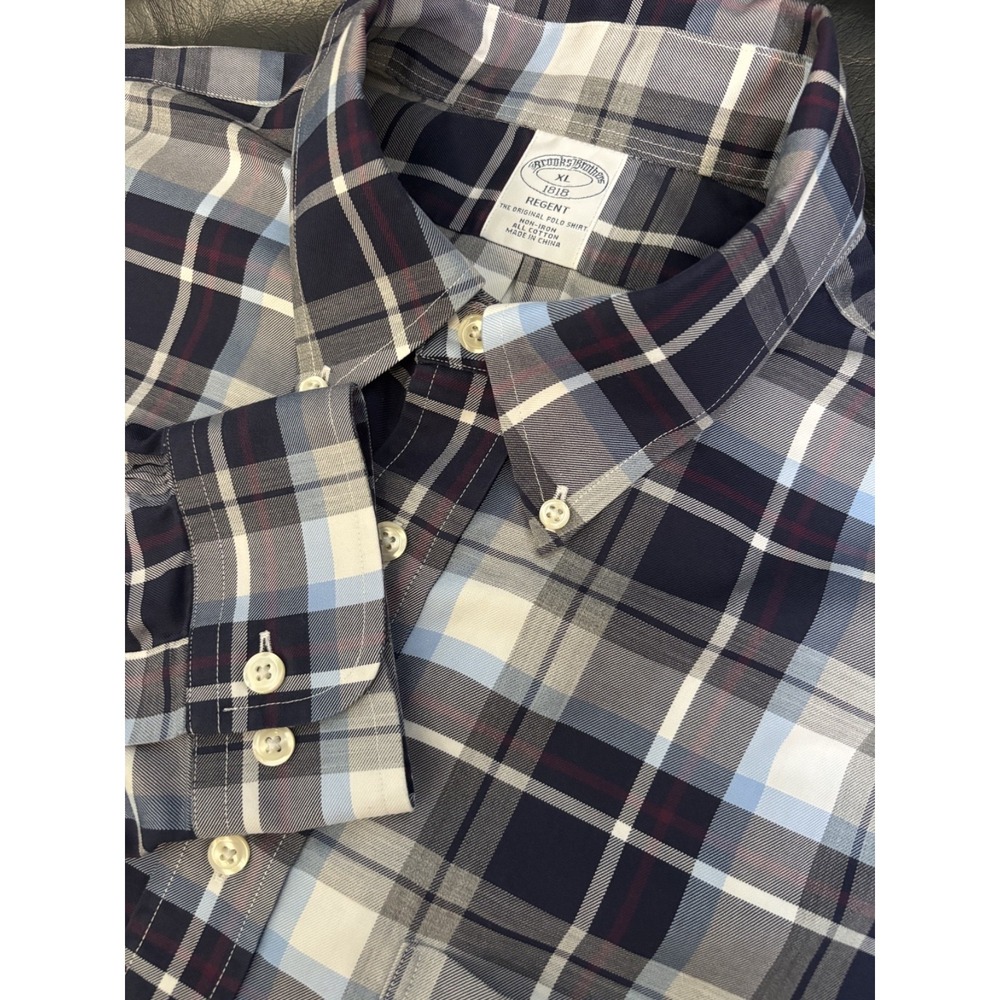 Brooks Brothers Shirt 1818 Regent Fit Plaid Button Down Blue/Black/Gray Size XL